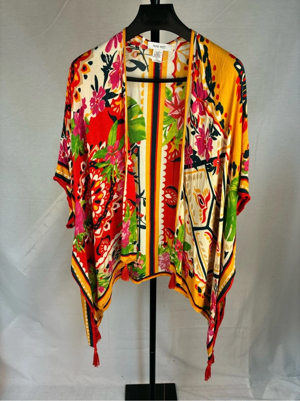 Nine West Bright Floral Tasseled Poncho OS